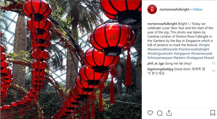 Norton Rose Fullbright's Instagram picture of hanging orange lanterns