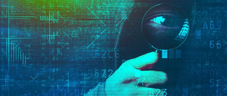 A human eyeball looks through a magnifying glass amidst computer code and imagery.