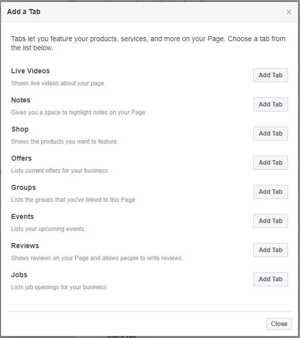 Screenshot of Facebook's Add a Tab page