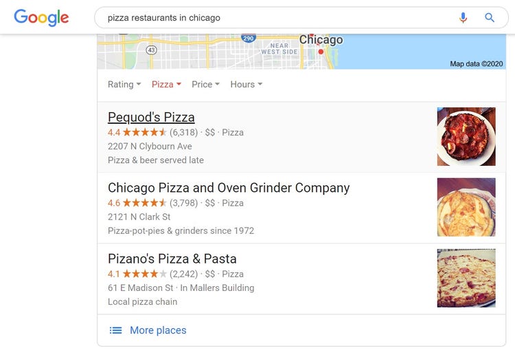 Screenshot of Google search results for Chicago pizza.