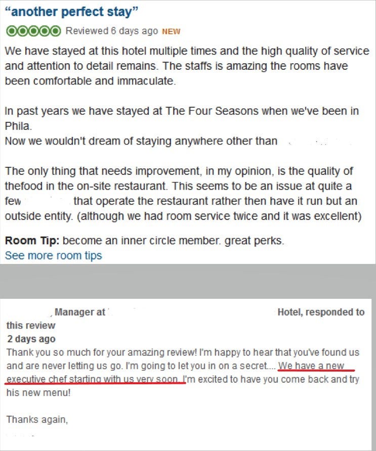 Screen shot of a review response that offers value