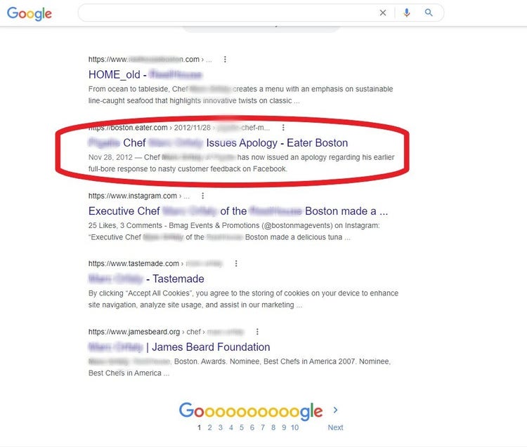 Screenshot of search results for a chef in Boston