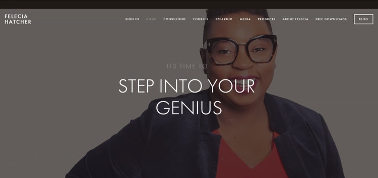 White text saying "Step into your genius" superimposed over a closeup of a professional woman's head and shoulders.