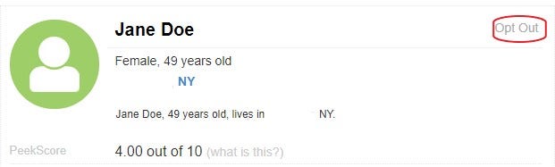 Screen shot of PeekYou search results with Opt Out circled in red.