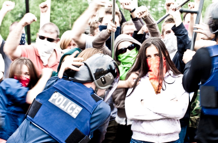 Protesters at a police line