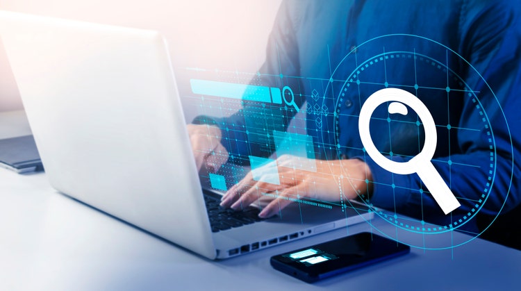 Business people search for information and business news. Document review and search